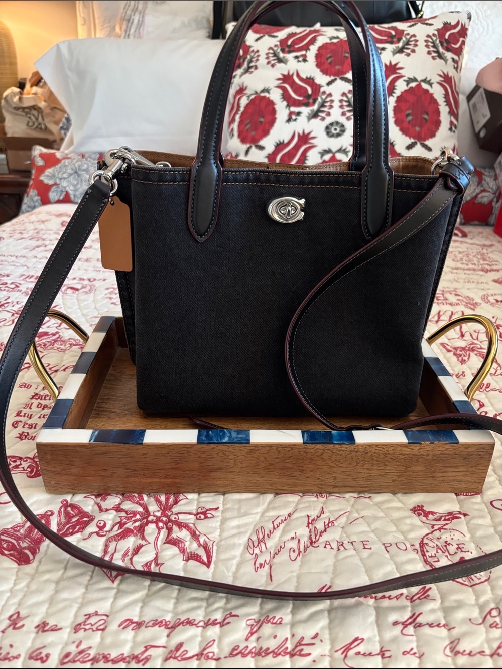 Authentic COACH Black Denim Willow Tote w Blk/Red Trimmed Leather